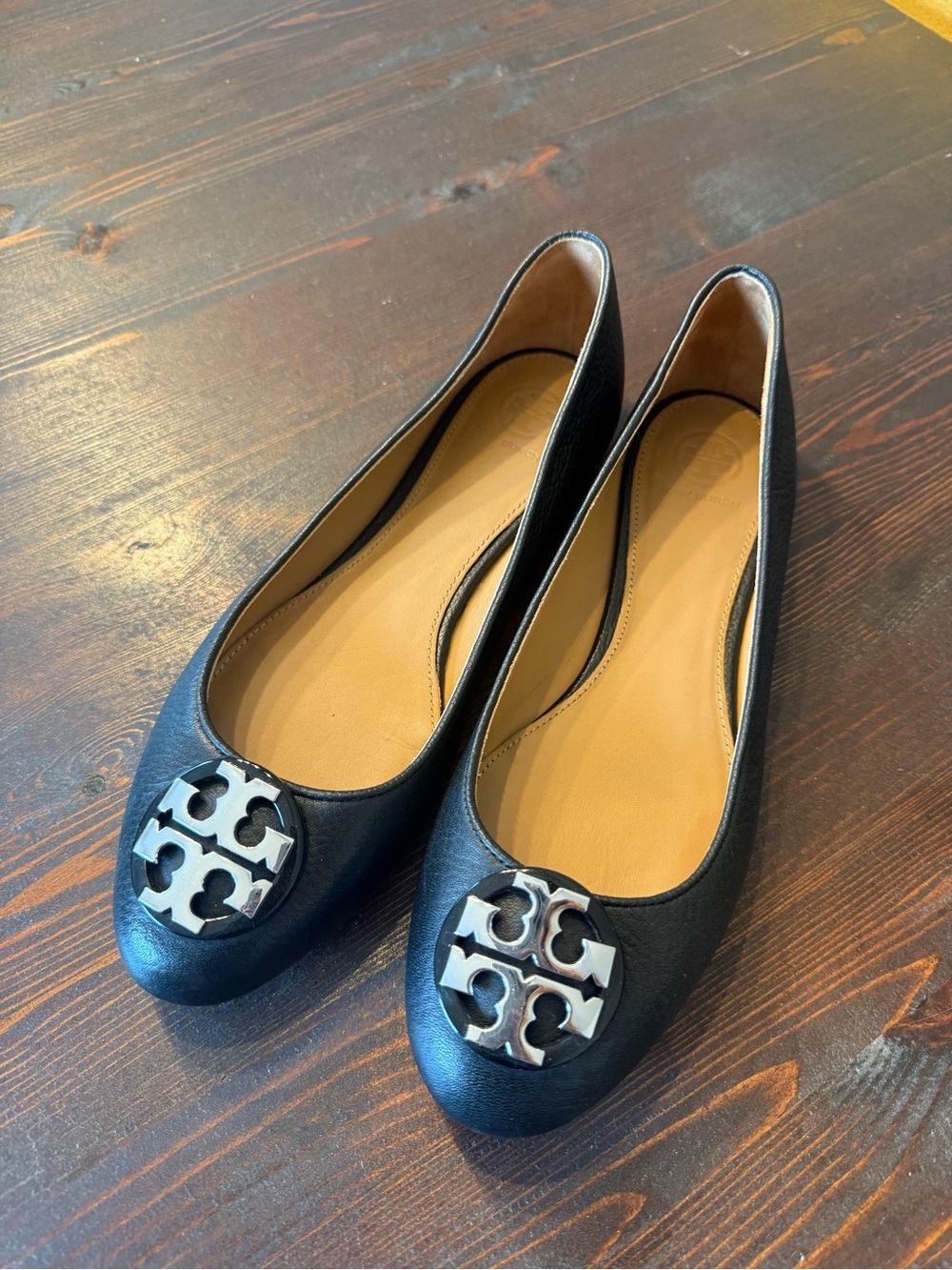Tory Burch Black Leather Logo Ballet Flats with Silver Emblem